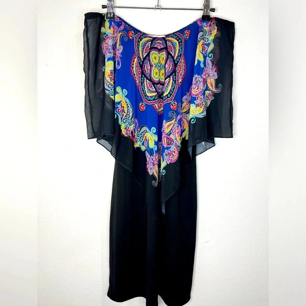 🆕 NWOT Agenda Black Dress with Blouse Shaw Off the Shoulder Overlay Paisley